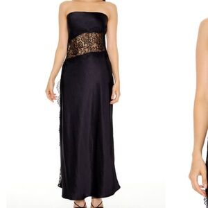 NWT Black Satin Strapless Lace Maxi Dress
